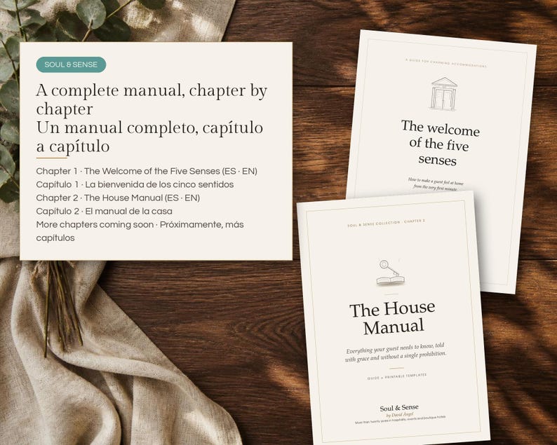 May include: Three printed documents titled Soul & Sense, featuring a complete manual chapter by chapter, The Welcome of the Five Senses, and The House Manual. The pages contain text in English and Spanish, with simple line art illustrations.