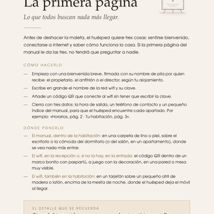 May include: A page from a house manual titled I La primera p&aacute;gina, featuring text in Spanish about guest welcome procedures, Wi-Fi access, and contact details, with a small line-art icon of a sign on an easel at the top right corner.