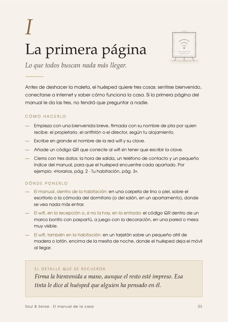 May include: A page from a house manual titled I La primera p&aacute;gina, featuring text in Spanish about guest welcome procedures, Wi-Fi access, and contact details, with a small line-art icon of a sign on an easel at the top right corner.
