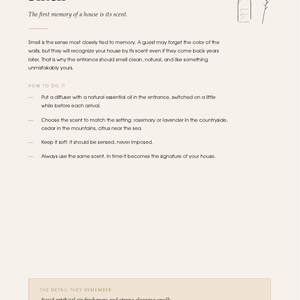 May include: A page titled I Smell featuring text about home fragrance and a line drawing of a reed diffuser. The content provides instructions on using essential oils to create a signature scent for an entrance, emphasizing natural aromas.