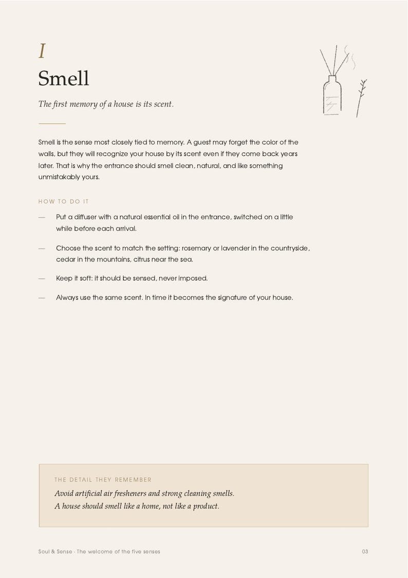 May include: A page titled I Smell featuring text about home fragrance and a line drawing of a reed diffuser. The content provides instructions on using essential oils to create a signature scent for an entrance, emphasizing natural aromas.