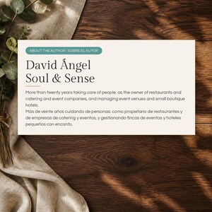 May include: A rectangular card with a cream background featuring the text ABOUT THE AUTHOR - SOBRE EL AUTOR, David &Aacute;ngel Soul & Sense, and a paragraph in English and Spanish describing twenty years of experience in hospitality.