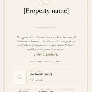 May include: A beige guest information sheet featuring a placeholder for a logo, property name, and host signature. It includes sections for WiFi network and password, check-out time, a 24-hour phone number, and a manual index with page numbers.