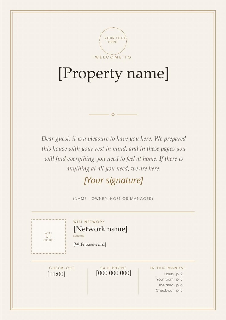 May include: A beige guest information sheet featuring a placeholder for a logo, property name, and host signature. It includes sections for WiFi network and password, check-out time, a 24-hour phone number, and a manual index with page numbers.