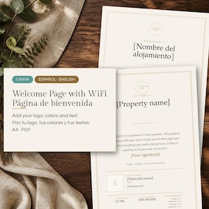 May include: A digital template for a welcome page with WiFi information, featuring text in English and Spanish. The document includes placeholders for a property name, logo, and network details, presented on A4 paper with a beige background.