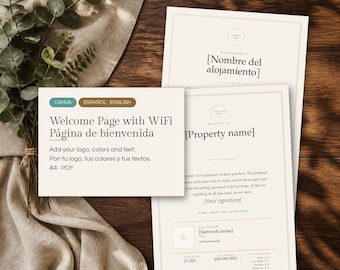 May include: A digital template for a welcome page with WiFi information, featuring text in English and Spanish. The document includes placeholders for a property name, logo, and network details, presented on A4 paper with a beige background.