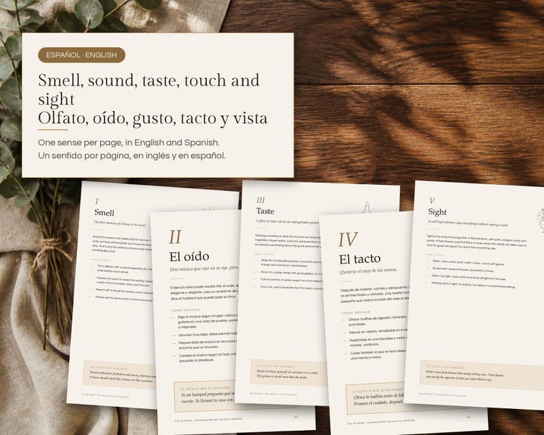 May include: A collection of five printed pages featuring text in English and Spanish, titled Smell, sound, taste, touch and sight. Each page is numbered with Roman numerals and contains descriptive text about sensory experiences.