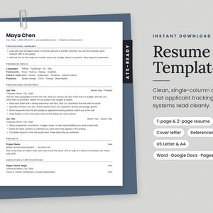 May include: A white resume template document with black text, featuring sections for professional summary, technical skills, experience, projects, and education. The document is clipped to a blue board and includes text labels for ATS-ready, instant download, and software compatibility.