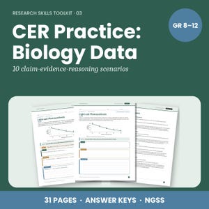 Puede incluir: Un recurso educativo digital titulado Research Skills Toolkit 03 CER Practice: Biology Data, que presenta 10 escenarios de claim-evidence-reasoning para los grados 8-12. El documento incluye 31 páginas, claves de respuestas y NGSS.