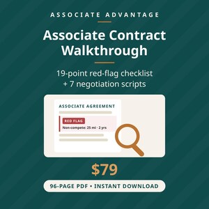 May include: A digital document titled Associate Contract Walkthrough featuring a 19-point red-flag checklist and 7 negotiation scripts. The graphic displays an Associate Agreement with a red flag highlight for a 25-mile, 2-year non-compete clause.