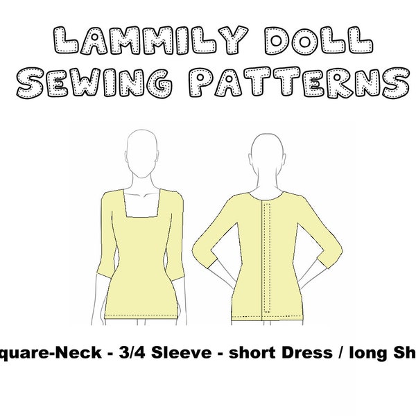 Digital Sewing Pattern for Lammily Doll - long top / short dress - 3/4 sleeve - square neckline