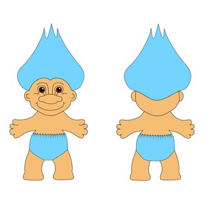 May include: A blue troll doll with blue hair and a blue diaper. The doll is shown from the front and back.