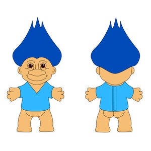 May include: A blue troll doll with blue hair and a blue shirt. The doll is shown from the front and back.