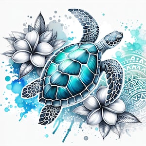 May include: Watercolor illustration of a sea turtle with a turquoise shell and black and white details. The turtle is surrounded by white plumeria flowers and blue watercolor splashes on a white background.