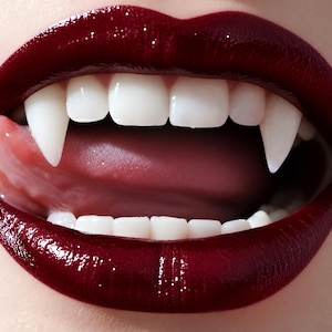 Peut inclure: Une paire de lèvres recouvertes d'un rouge à lèvres bordeaux brillant, légèrement entrouvertes pour révéler des dents blanches avec des crocs blancs pointus et proéminents sur la mâchoire supérieure. Une langue rose est visible.