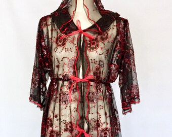 Black and Red Rose Sequin Lace Hooded Negligee Robe