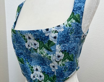 Corsé de algodón con estampado de hortensias azules talla mediana 10