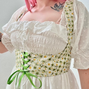 Green Gingham Daisy Cotton Corset Belt Size M