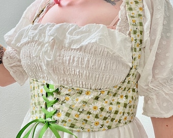 Cinturón corsé de algodón con margaritas y cuadros verdes, talla M