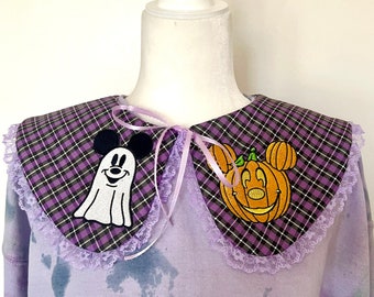 Cuello desmontable bordado de Mickey Calabaza/Fantasma a cuadros morados