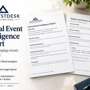 May include: A digital download of a two-page Critical Event Intelligence Report template by ANALYSTDESK. The document features sections for executive summary, confirmed developments, analysis, key impacts, outlook, and decision support in .docx format.
