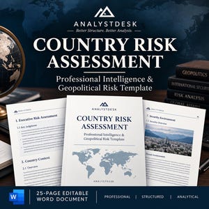 Peut inclure: Un modèle de document Word modifiable de 25 pages intitulé Country Risk Assessment. Le document présente un graphique de carte du monde, le logo AnalystDesk et des sections pour l'évaluation des risques, le contexte et la sécurité.