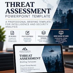Può includere: Un modello di presentazione digitale intitolato Threat Assessment PowerPoint Template di AnalystDesk. Il layout presenta una combinazione di colori blu scuro e bianco con uno skyline cittadino, un elicottero e sagome di personale di sicurezza.
