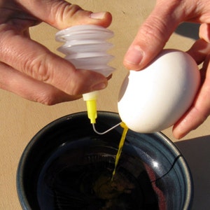 May include: A white egg with a hole in the top is being emptied into a blue bowl using a clear plastic syringe with a yellow tip. The egg yolk is flowing into the bowl.
