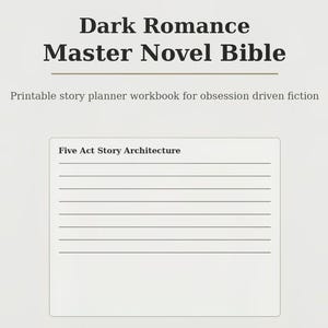 May include: A printable story planner workbook titled Dark Romance Master Novel Bible by CreatorPageCo. The document features a Five Act Story Architecture section with lined spaces for writing and includes PDF and DOCX file format labels.