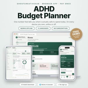 Könnte beinhalten: Die ADHD Budget Planner Browser-App wird auf einem Laptop, Tablet und Smartphone angezeigt. Die Benutzeroberfläche zeigt dunkelgrüne und weiße Farbschemata mit Finanzdaten, Diagrammen sowie den Text 'ADHD Budget Planner' und 'FREE DEMO'.