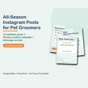 Puede incluir: Un conjunto de plantillas digitales para peluqueros de mascotas con 12 publicaciones de Instagram editables, un calendario de contenido de 30 días y guiones de mensajes. El texto incluye All-Season Instagram Posts for Pet Groomers, Instant download y What clients say.