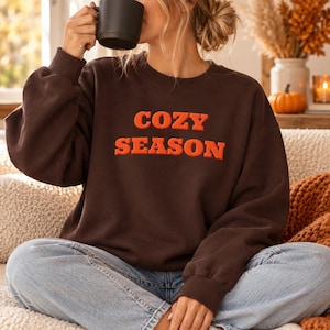 Peut inclure: Un sweat-shirt à col rond marron foncé avec l'inscription COZY SEASON en lettres orange audacieuses et en relief sur la poitrine. Le vêtement possède des manches longues avec des poignets côtelés et un col côtelé, en tissu uni.