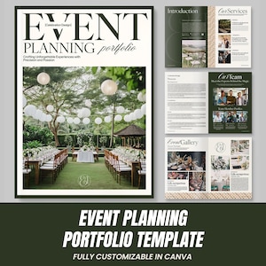 May include: An event planning portfolio template featuring a cover page with the text Event Planning Portfolio and interior pages showing service descriptions, team profiles, and a photo gallery of outdoor wedding setups with white lanterns.