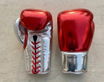 Metallic Shiny Red Silver Leather LaceUp Boxing Gloves Training Adult Size 16oz