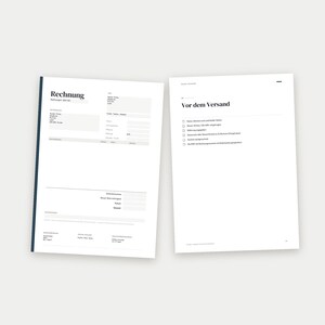 May include: Two white documents with black text. The left document is a Rechnung invoice template with fields for customer details and payment info. The right document is a checklist titled Vor dem Versand with checkboxes for shipping preparation tasks.