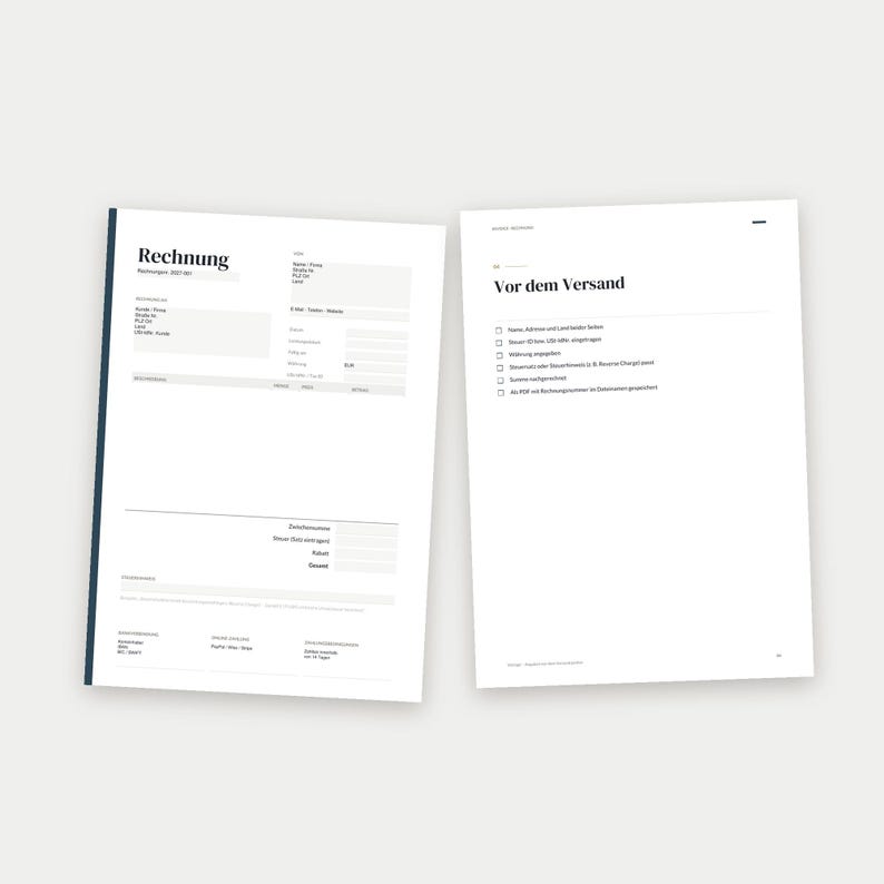 May include: Two white documents with black text. The left document is a Rechnung invoice template with fields for customer details and payment info. The right document is a checklist titled Vor dem Versand with checkboxes for shipping preparation tasks.