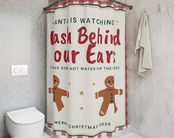 Christmas Shower Curtain, Santa Is Watching Funny Bathroom Decor, Gingerbread Shower Curtain, Red Gingham Holiday Bath Decor