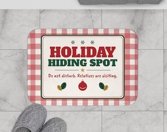 Alfombrilla de baño navideña, divertida decoración navideña para el baño, escondite navideño, alfombra de baño de cuadros rojos, juego de baño navideño