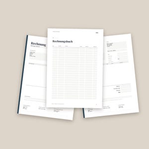 May include: Three white paper sheets featuring black text and grid layouts for financial tracking. The central sheet is titled Rechnungsbuch, while the side sheets display the word Rechnung and various fields for company details, dates, and totals.