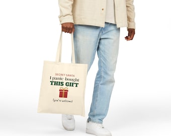 Regalo divertido para el amigo invisible, bolso de tela "Compré este regalo por pánico", regalo para el amigo invisible por menos de 20, bolso de lona navideño, regalo para compañeros de trabajo