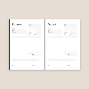 May include: Two white business document templates side-by-side. The left document is titled Rechnung with fields for customer details, item descriptions, and totals. The right document is titled Angebot with identical fields for quotes.