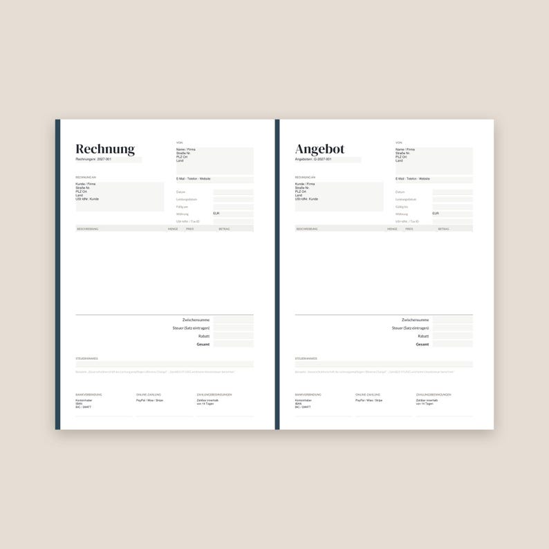 May include: Two white business document templates side-by-side. The left document is titled Rechnung with fields for customer details, item descriptions, and totals. The right document is titled Angebot with identical fields for quotes.