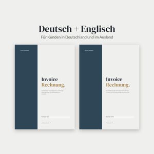 May include: Two digital invoice templates in German and English. Each document features a dark blue vertical sidebar, a light gray background, and the bold text Invoice Rechnung. Includes fields for business name and tax details.