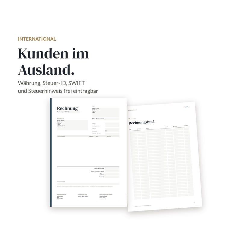 May include: A white invoice template and a ledger book with black text. The invoice features the heading "Rechnung" and fields for customer details. The ledger is titled "Rechnungsbuch" and contains a grid for financial tracking.