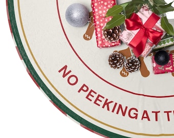 Christmas Tree Skirt, Santa Is Watching No Peeking Gingerbread Tree Skirt, Red Gingham Farmhouse Christmas Decor, Funny Holiday Gift