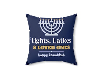 Cojín de Janucá, Luces, Latkes y Seres Queridos, Cojín con Menorá, Decoración de Janucá Azul y Plateada, Regalo para la Fiesta Judía