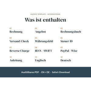 May include: An international invoice template document featuring the heading Was ist enthalten and a numbered list from 01 to 12 including items like Rechnung, Angebot, Rechnungsbuch, Versand-Check, W&auml;hrungsfeld, Steuer-ID, Reverse Charge, IBAN, SWIFT, PayPal, Wise, Anleitung, Englisch, and Deutsch.