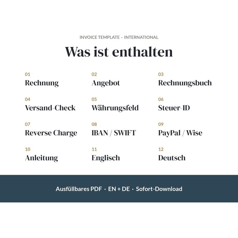 May include: An international invoice template document featuring the heading Was ist enthalten and a numbered list from 01 to 12 including items like Rechnung, Angebot, Rechnungsbuch, Versand-Check, W&auml;hrungsfeld, Steuer-ID, Reverse Charge, IBAN, SWIFT, PayPal, Wise, Anleitung, Englisch, and Deutsch.