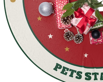 Divertida falda para árbol de Navidad, "Los regalos van aquí, las mascotas se quedan fuera", falda para árbol para dueños de perros y gatos, decoración navideña roja, regalo navideño para amantes de las mascotas.