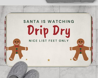 Christmas Bath Mat, Santa Is Watching Drip Dry Funny Bathroom Rug, Gingerbread Bath Mat, Holiday Bathroom Decor Gift